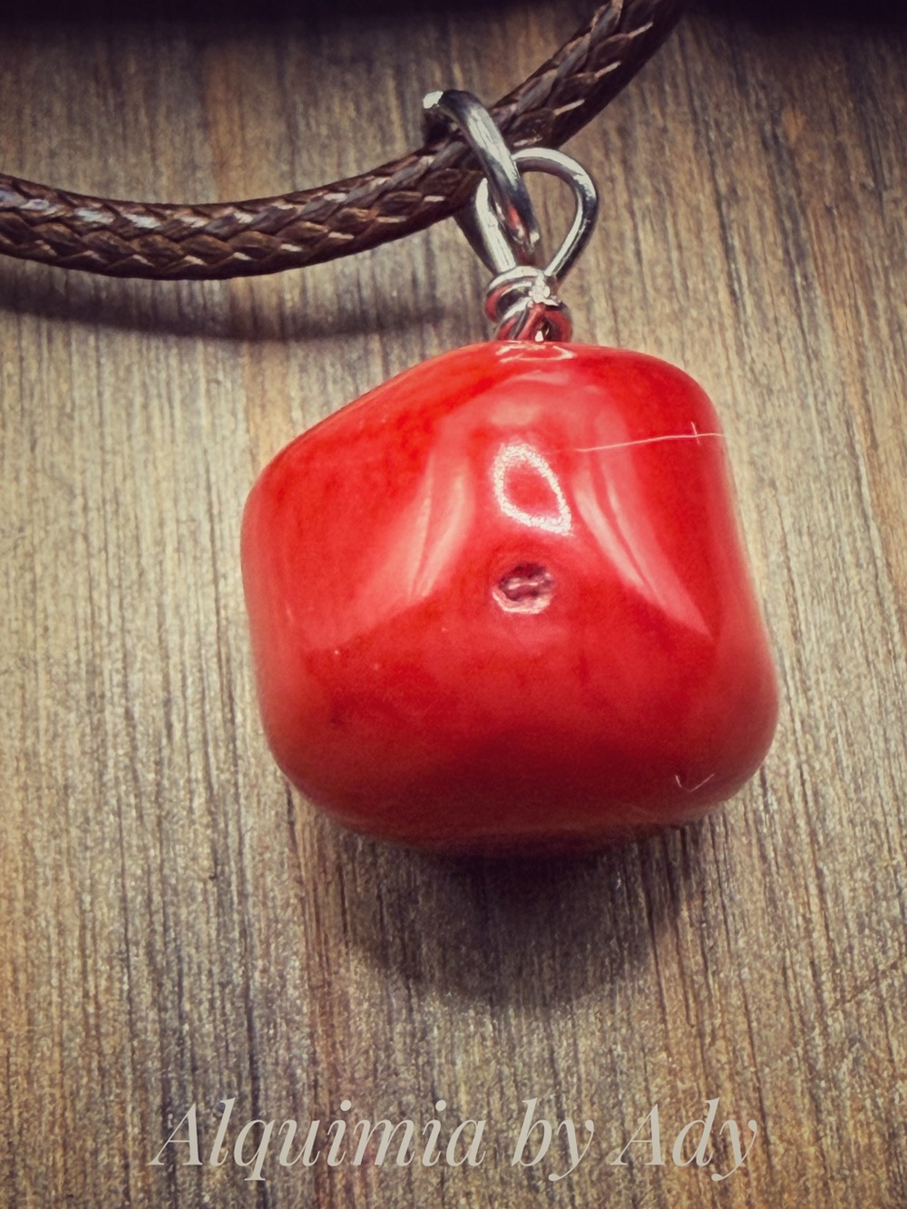 Red Coral 🪸 Cube Necklace on Braided Brown Cord - Picture 2 of 4